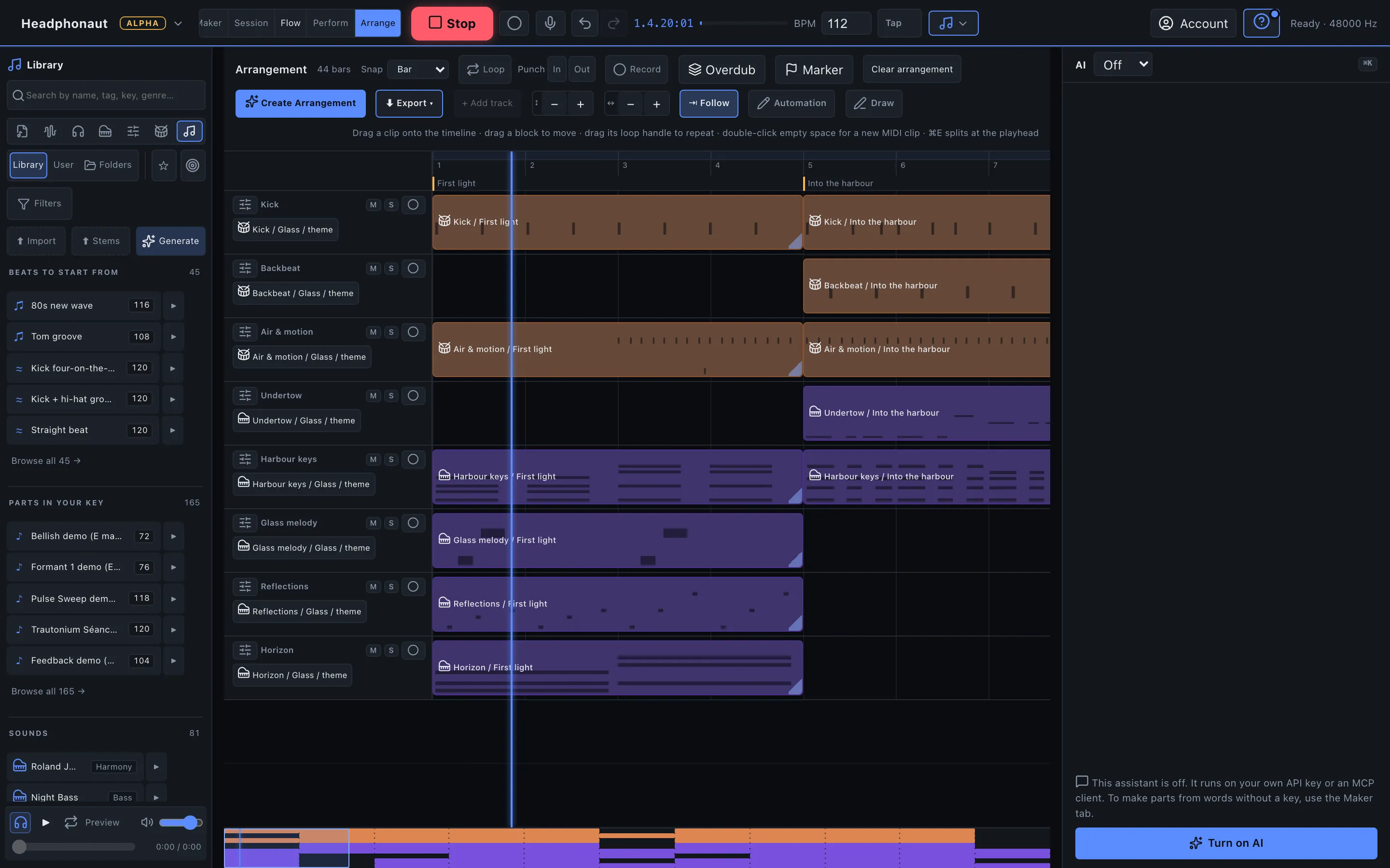 A song made with Headphonaut's AI music maker, open in Studio with editable drum, bass, keyboard and melody clips on separate tracks